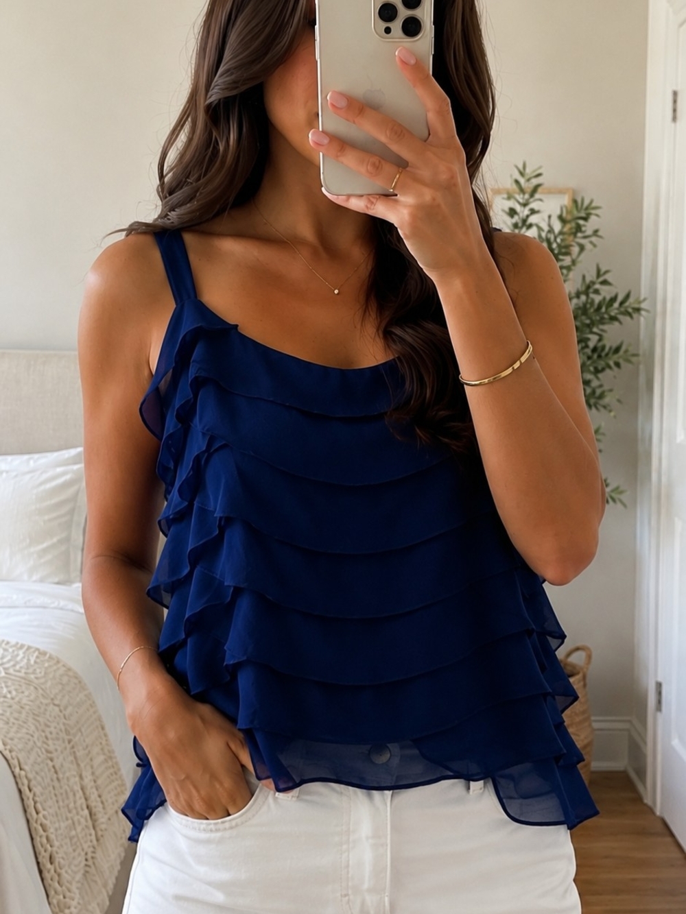 Y2K Hazel Navy Blue Ruffle Cami Top – Size L